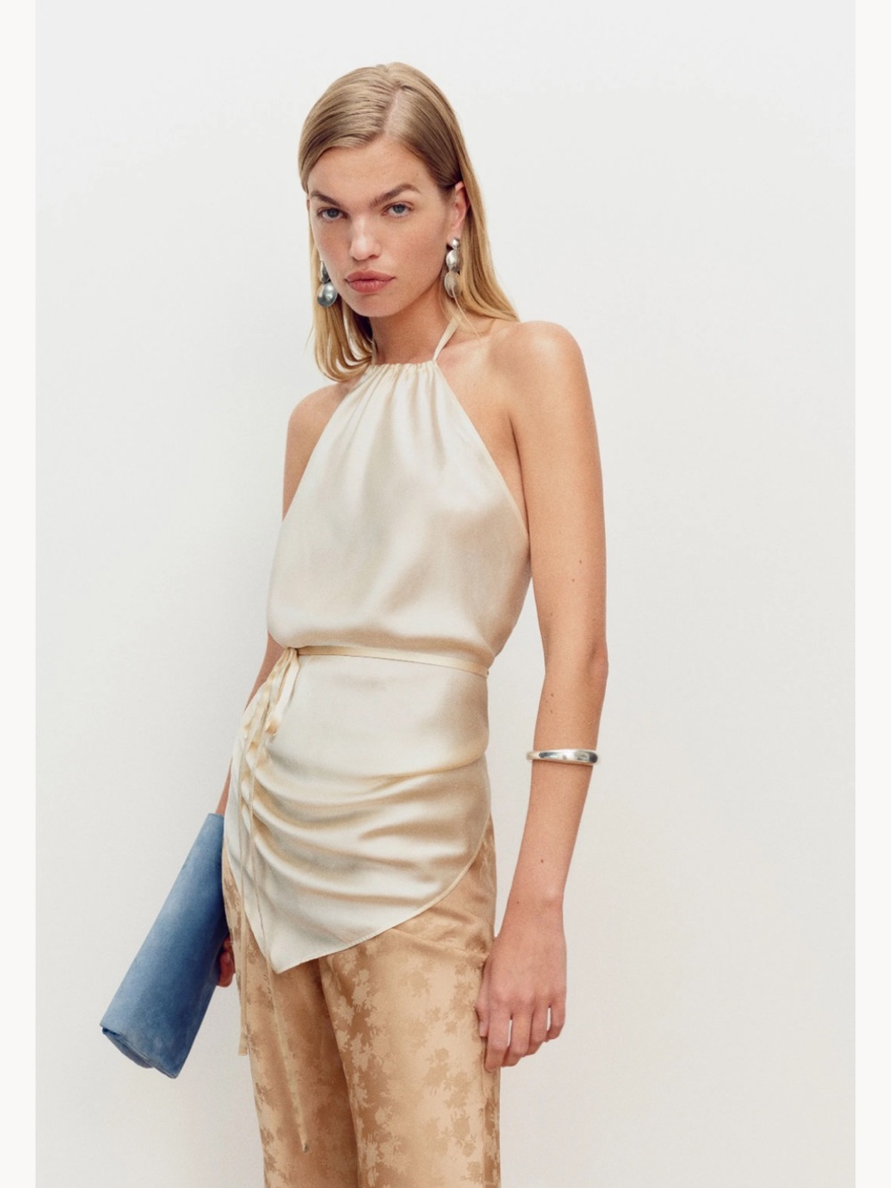 Reformation Una Silk Scarf Top open back halter champagne